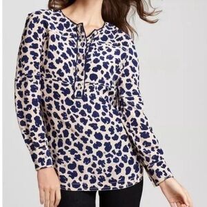 Tory Burch Blue Beige Leopard Print Robin Silk Tunic Blouse Medium Long Sleeves